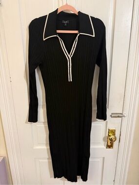 Express Black Ribbed Long Sleeve Polo Dress with White Trim